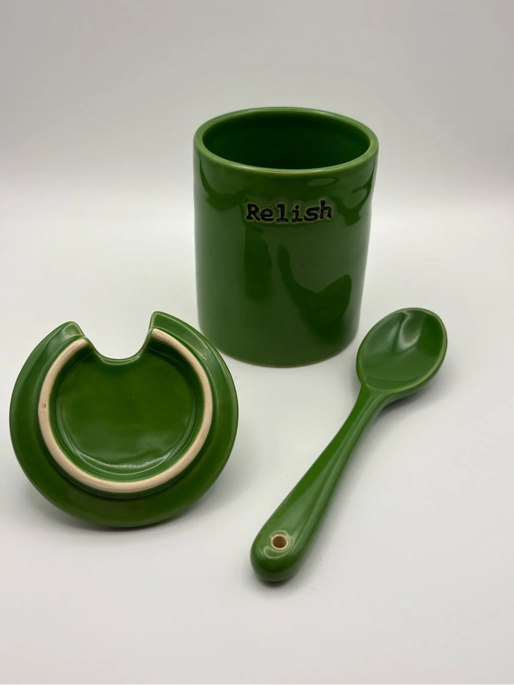 Pottery Barn Green Relish Condiment Jar with Spoon & Lid from BBQ Set